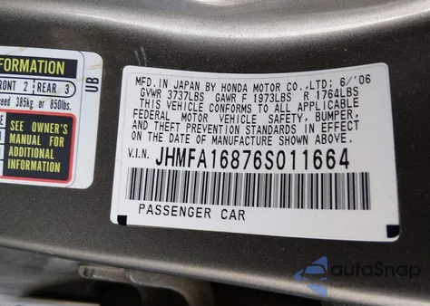 2006 Honda Civic Ex from USA, damaged, VIN JHMFA16876S011664